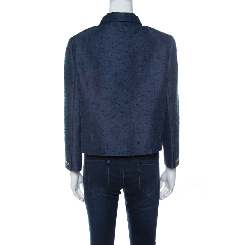 Pre-owned Valentino Blue Silk Jacquard Box Fit Cropped Jacket L