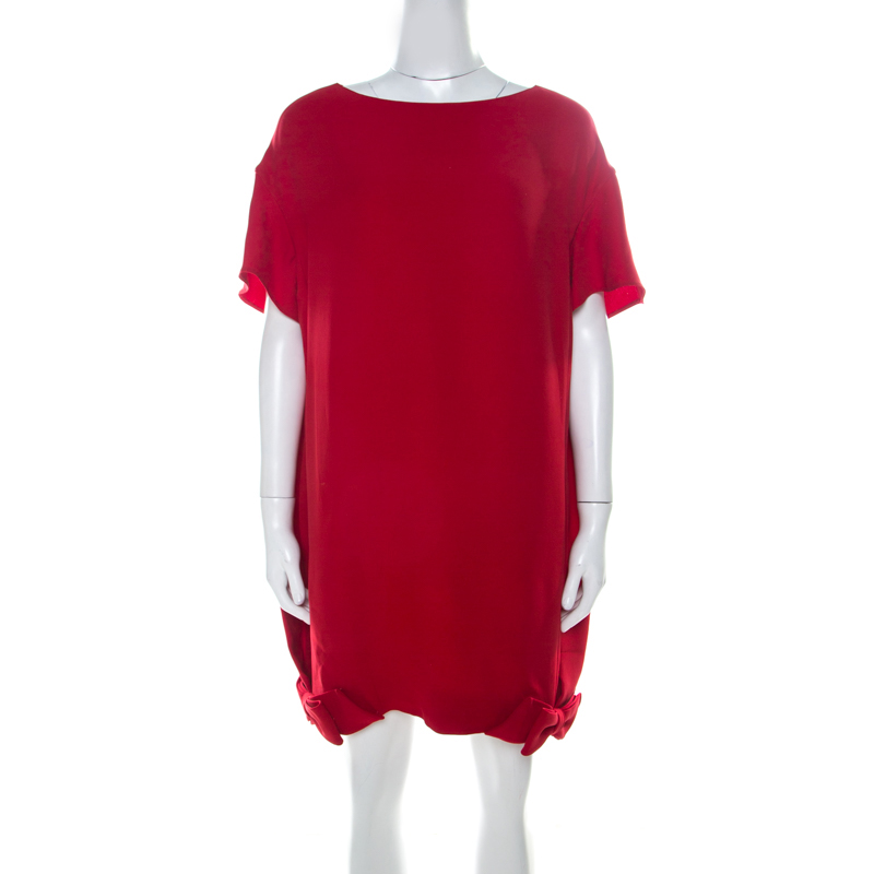 Valentino Red Silk Crepe de Chine Bow Detail Mini Shift Dress L ...