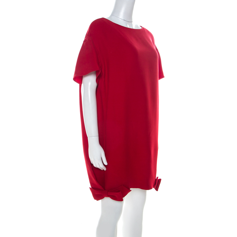 

Valentino Red Silk Crepe de Chine Bow Detail Mini Shift Dress