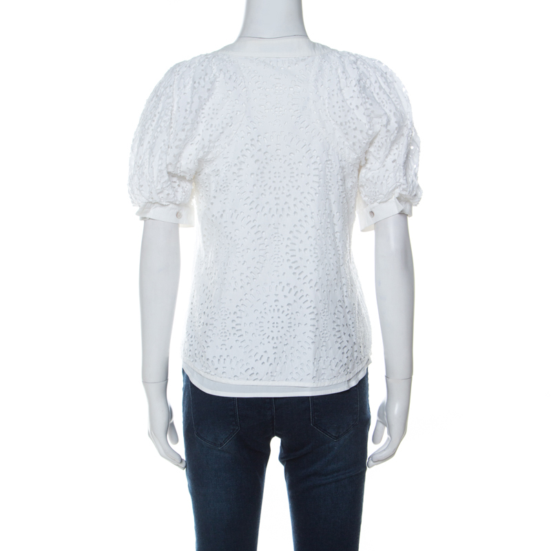 Pre-owned Valentino White Cotton Tattered Effect Puffed Sleeve Top S