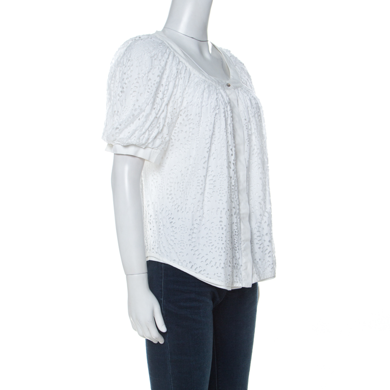 Pre-owned Valentino White Cotton Tattered Effect Puffed Sleeve Top S