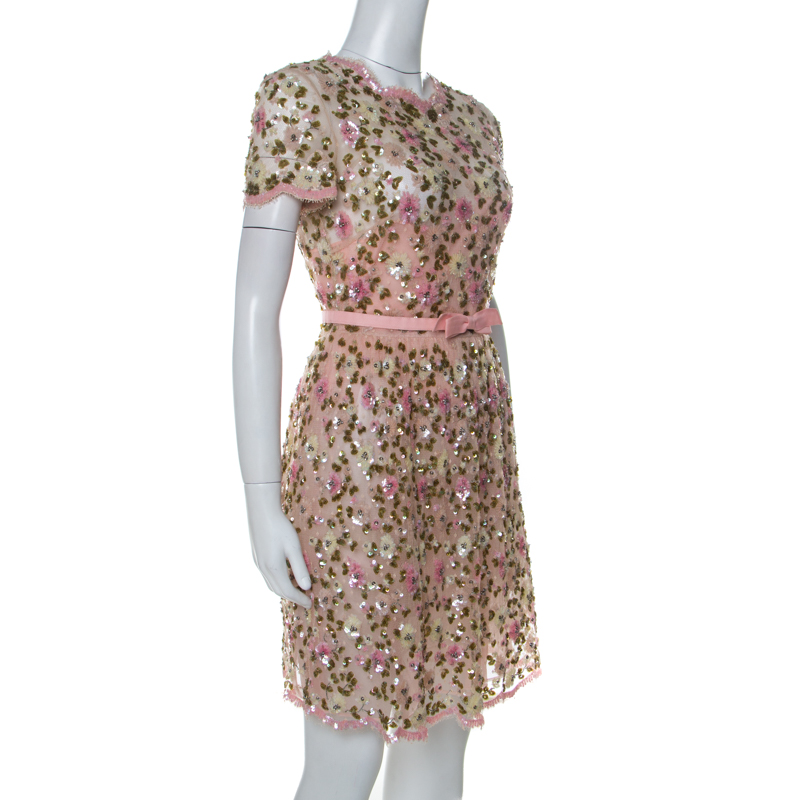 

Valentino Pink Floral Embellished Tulle Belted Dress