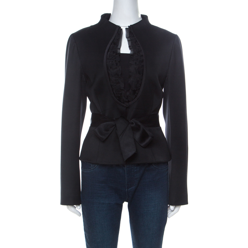 Pre Owned Valentino Black Wool Ruffle Front Detail Stand Collar Jacket XL 
