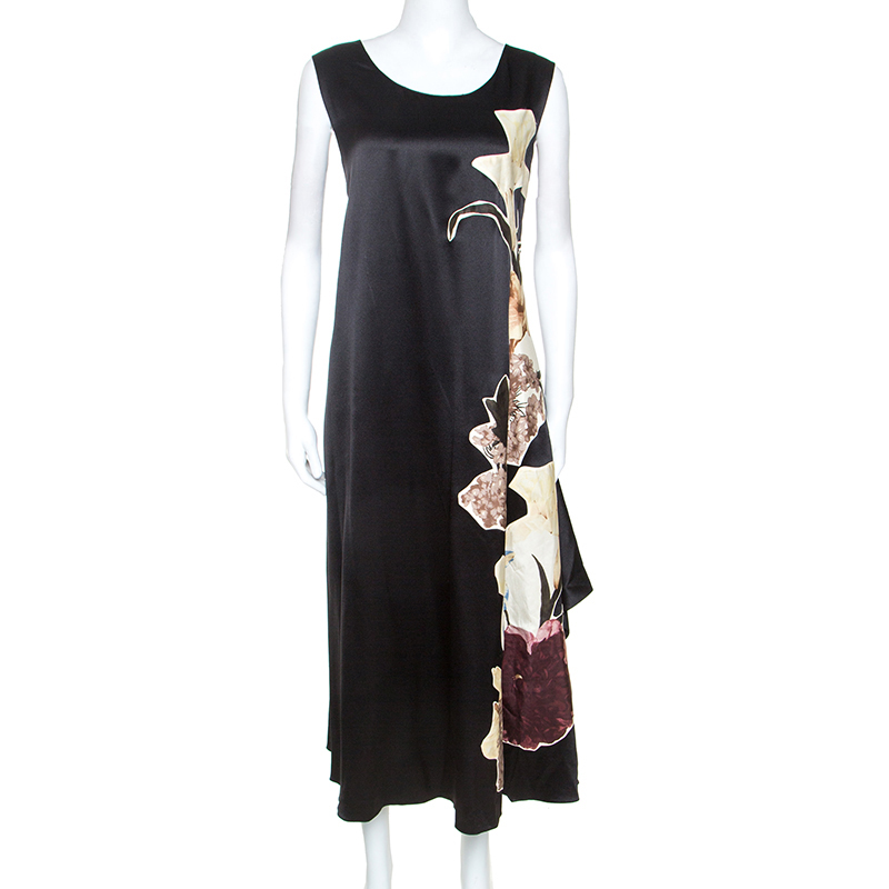 Pre Owned Valentino Black Silk 'Kimono 1997' Floral Applique Dress L