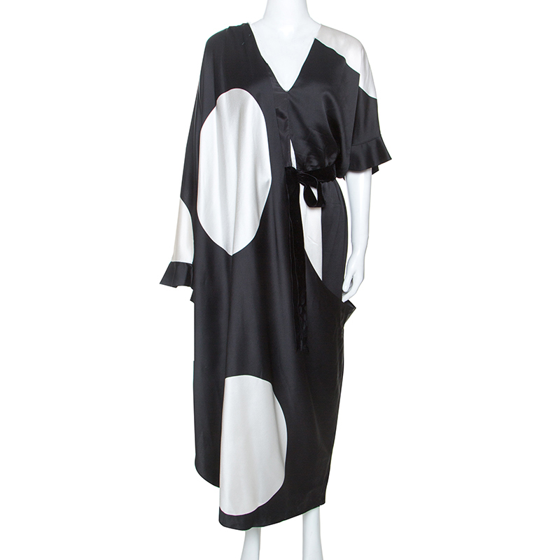 Valentino Monochrome Maxi Polka Dot Print Satin Asymmetric Dress L