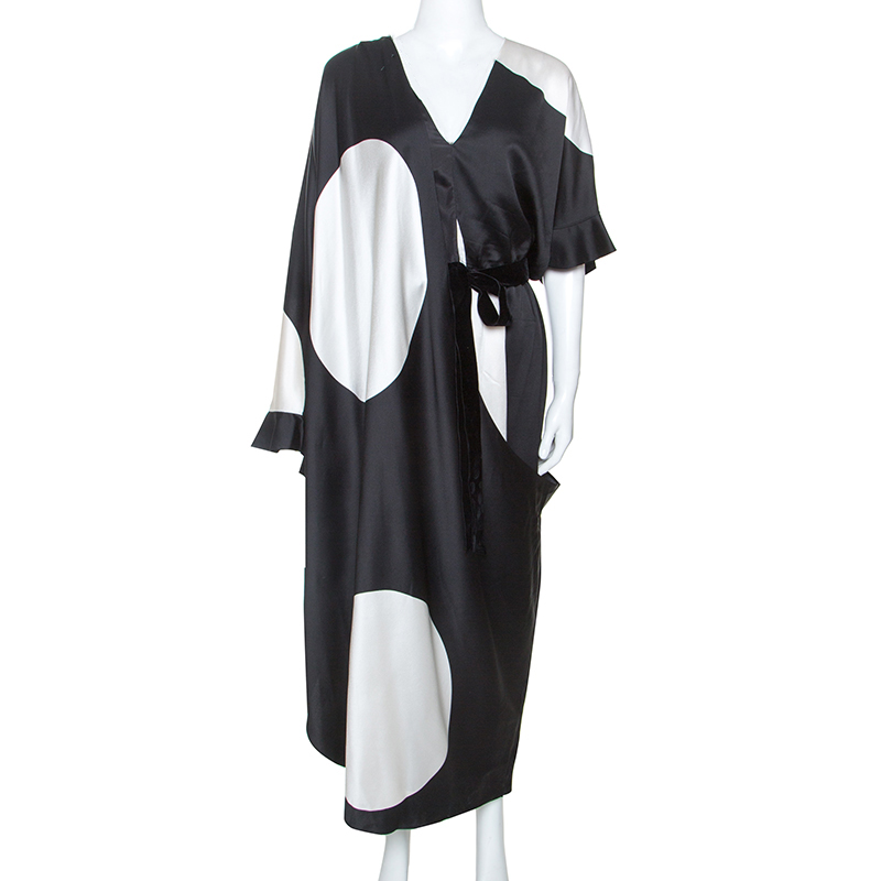 Pre Owned Valentino Monochrome Maxi Polka Dot Print Satin Asymmetric Dress L