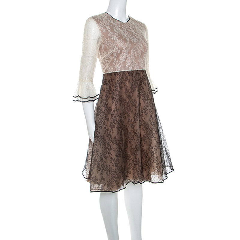 

Valentino Bicolor Lace Tulip Sleeve Dress, Brown