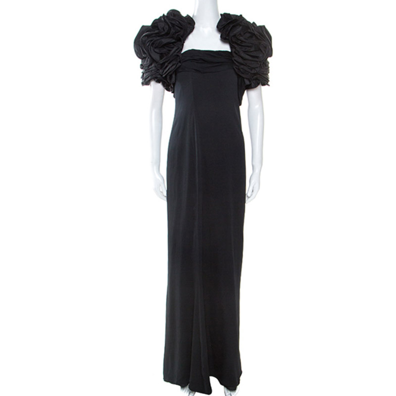 Pre Owned Valentino Black Silk Bow Detail Strapless Gown and Ruffled Bolero Set L