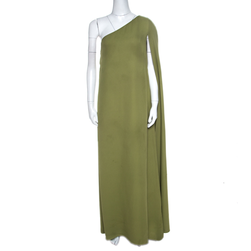 Pre Owned Valentino Green Silk Crepe Flared One Shoulder Dress M