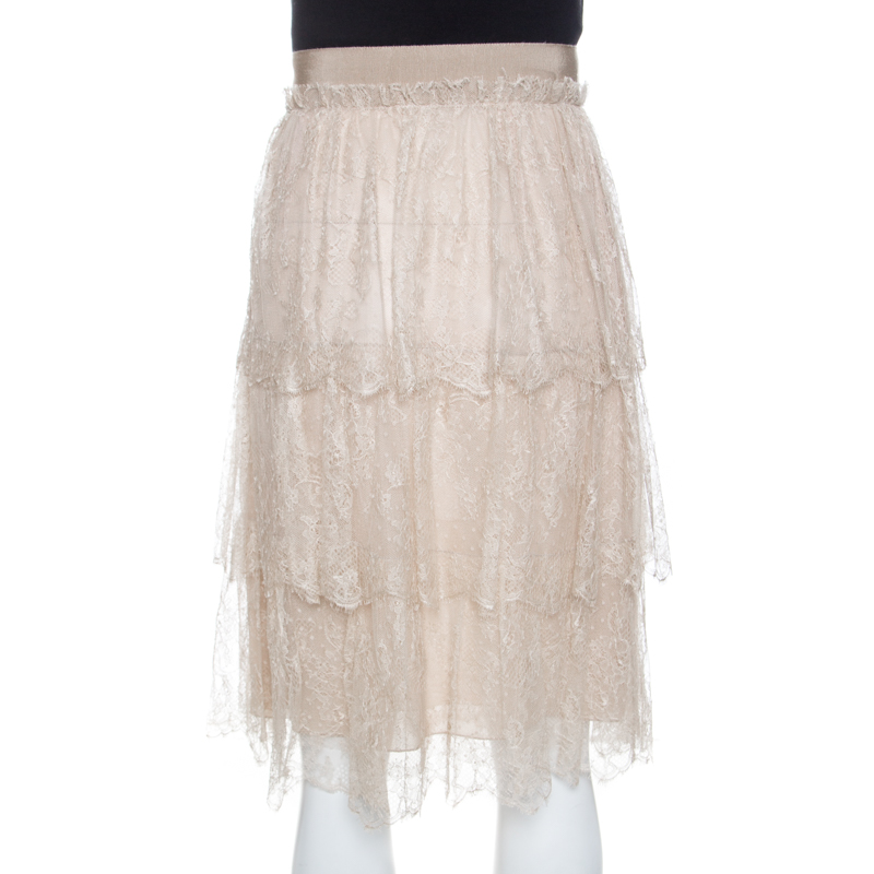 Pre-owned Valentino Beige Floral Tulle Tiered Skirt M