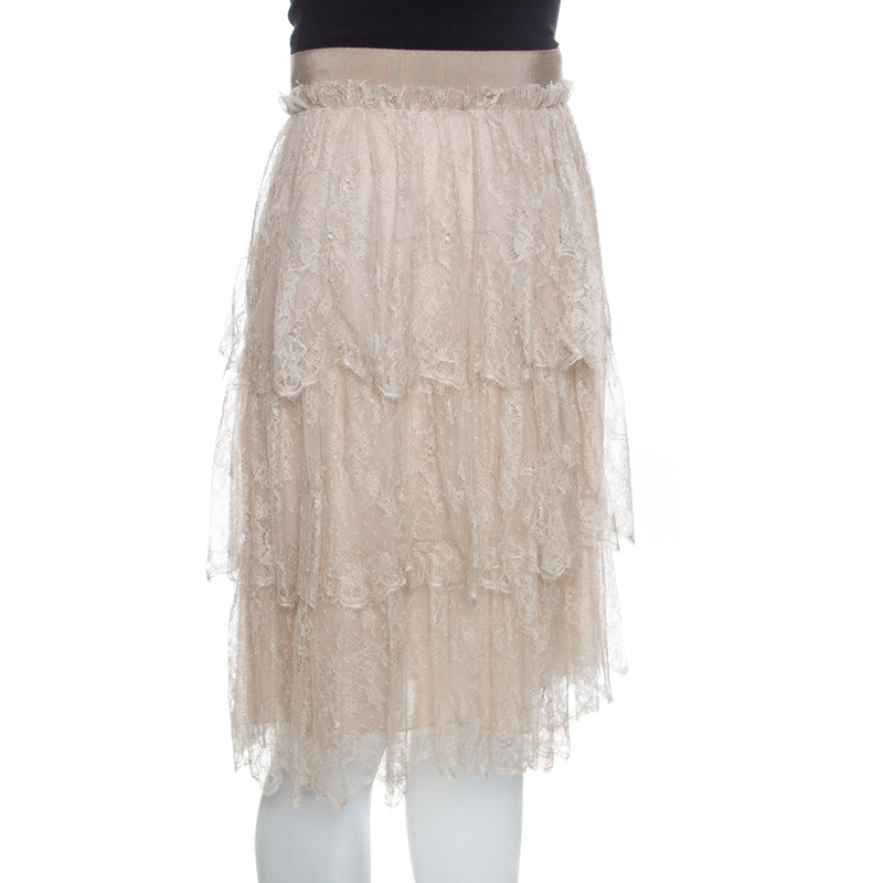 Pre-owned Valentino Beige Floral Tulle Tiered Skirt M