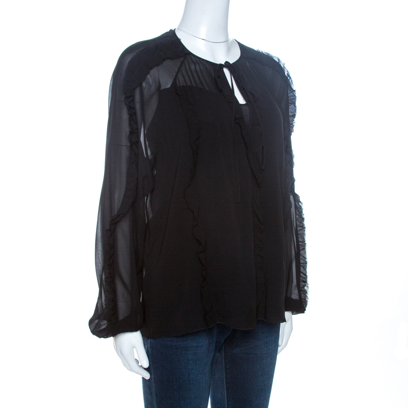 

RED Valentino Black Sheer Silk Ruffle Trim Blouse