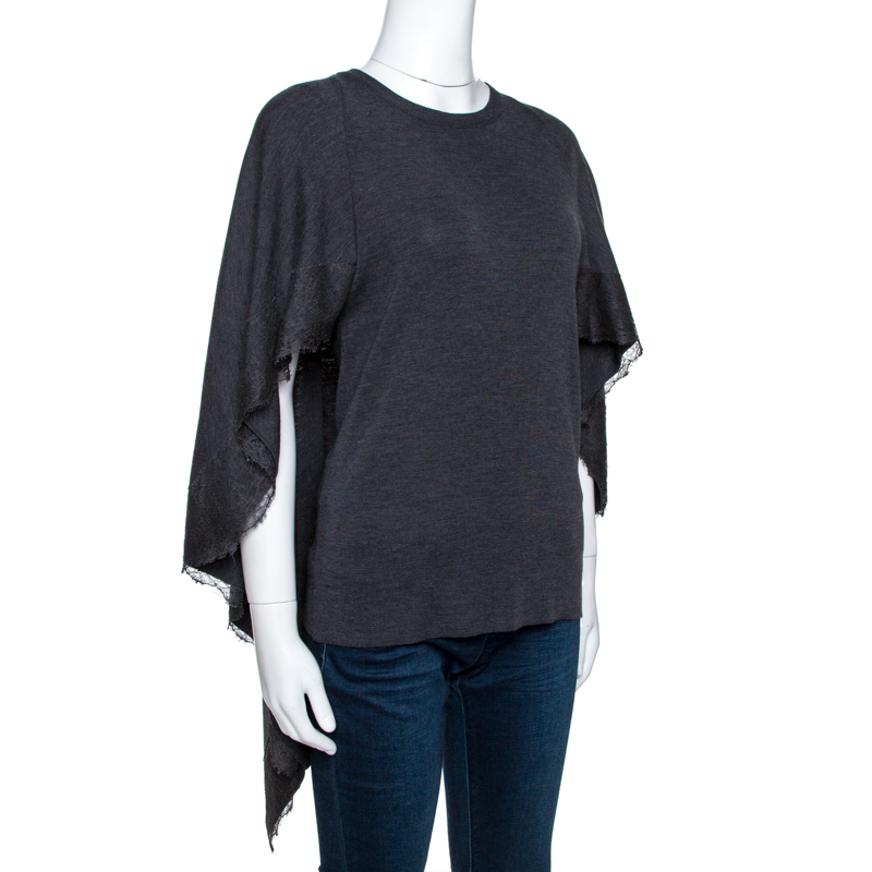 

Valentino Grey Wool Knit Lace Trim Caped Sweater