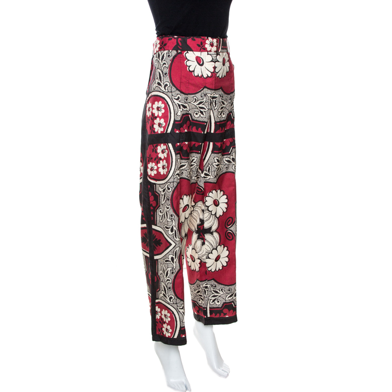

Valentino Maroon Floral Print Silk Wide Leg Pants, Red