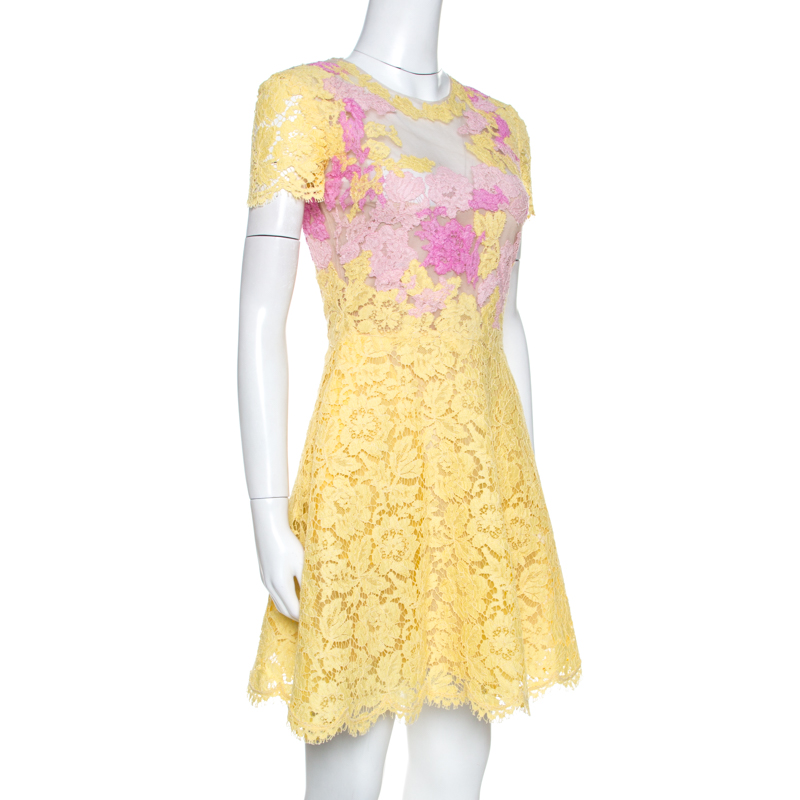 

Valentino Yellow & Pink Lace Tulle Scalloped Hem Dress