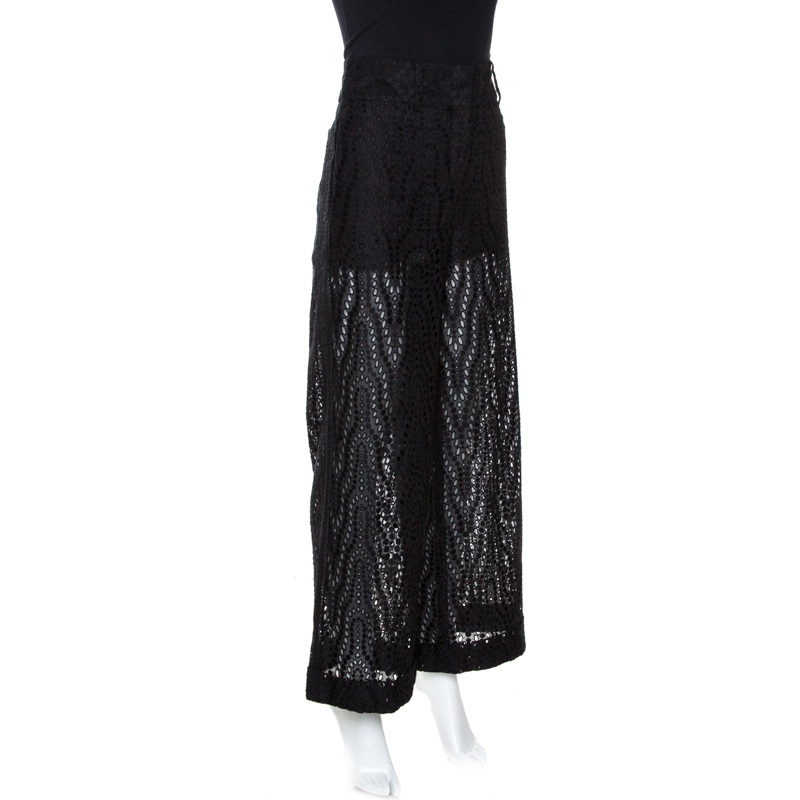 

Valentino Black Eyelet Lace Cotton Wide Leg Pants