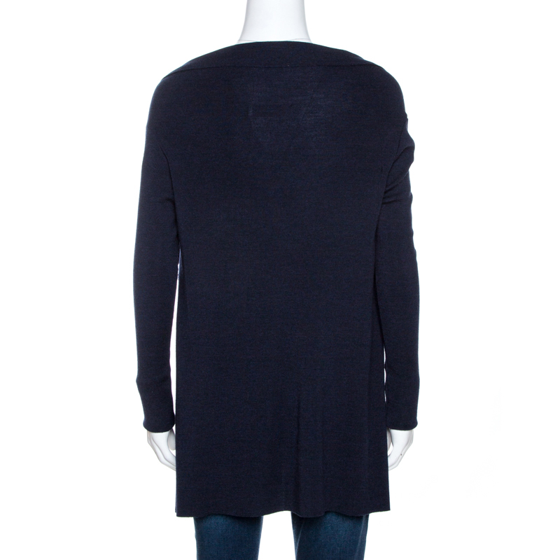 Pre-owned Valentino Navy Blue Knit Lace Trim Waterfall Front Cardigan M
