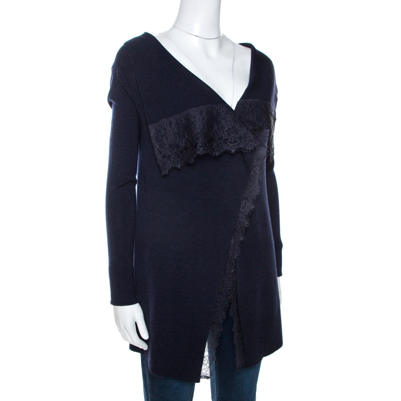 Pre-owned Valentino Navy Blue Knit Lace Trim Waterfall Front Cardigan M
