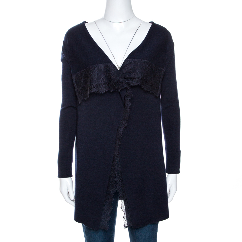 

Valentino Navy Blue Knit Lace Trim Waterfall Front Cardigan