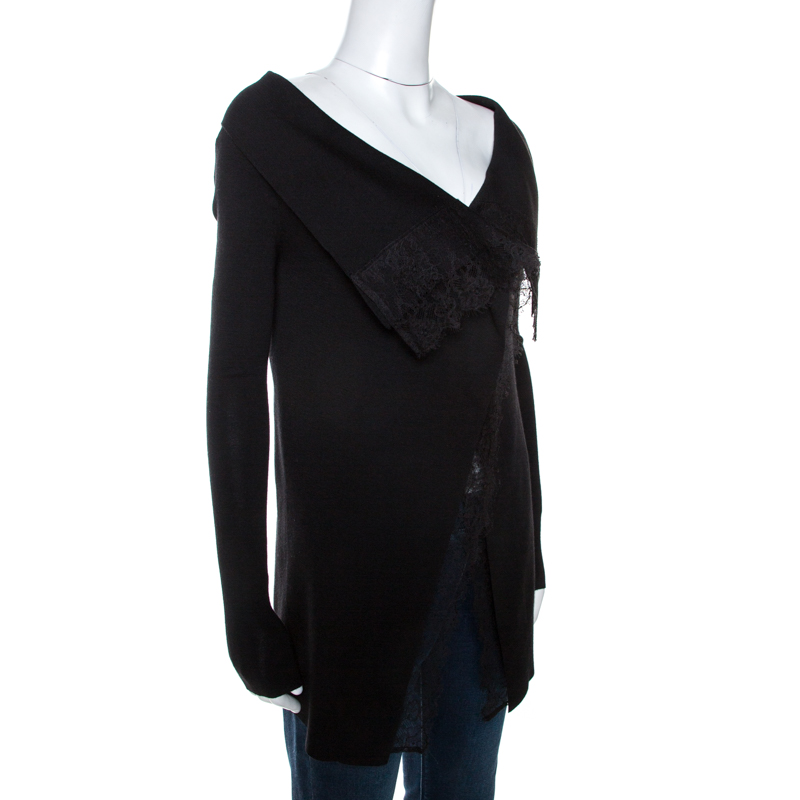 

Valentino Black Knit Lace Trim Waterfall Front Cardigan