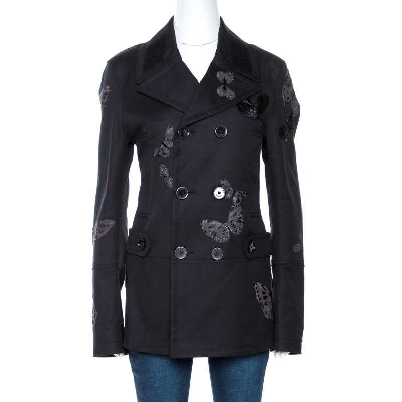 Pre-owned Valentino Black Butterfly Appliqued Cotton Double Breasted Coat M