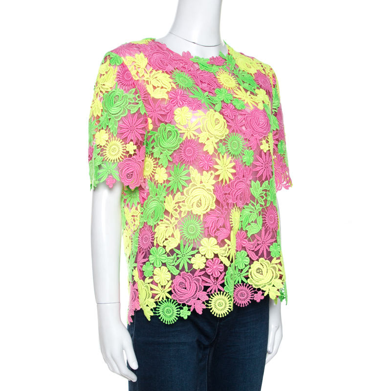 

Valentino Multicolor Neon Floral Guipure Lace Top