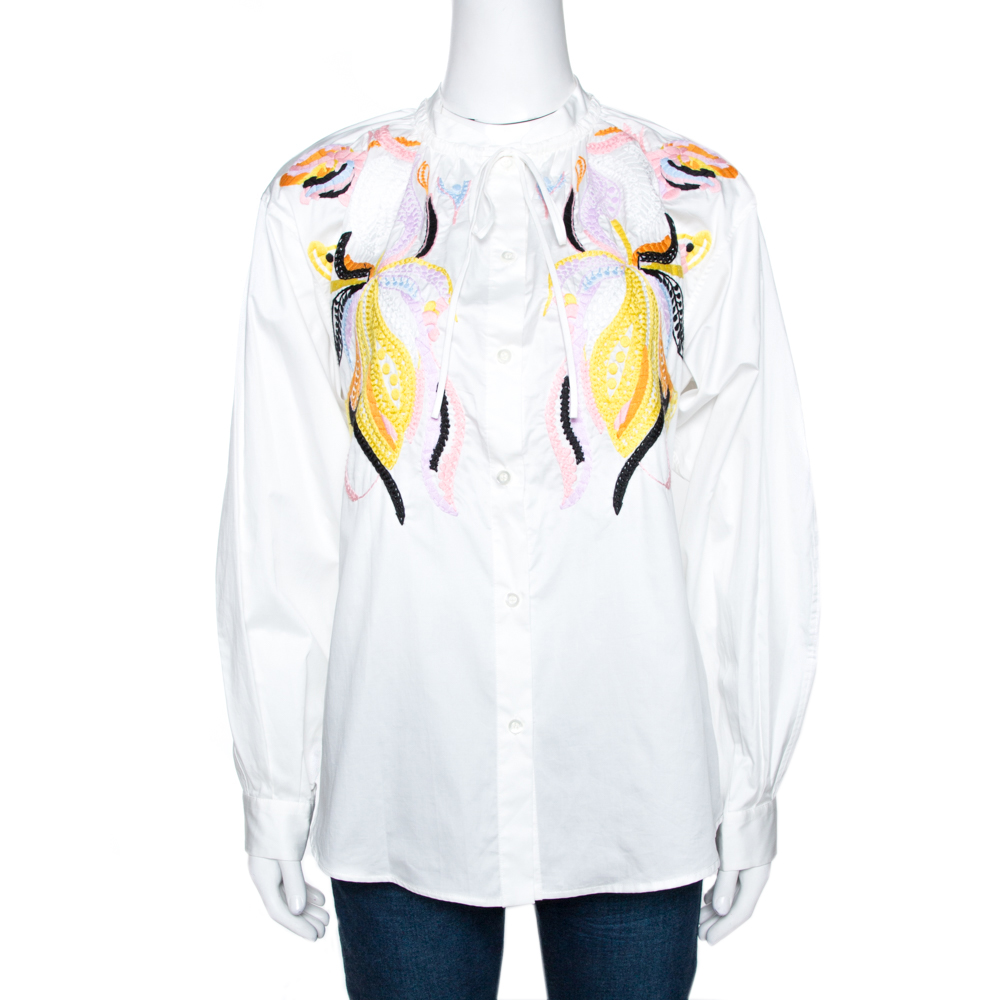 Pre-owned Valentino White Cotton Poplin Floral Embroidered Button Front Shirt M