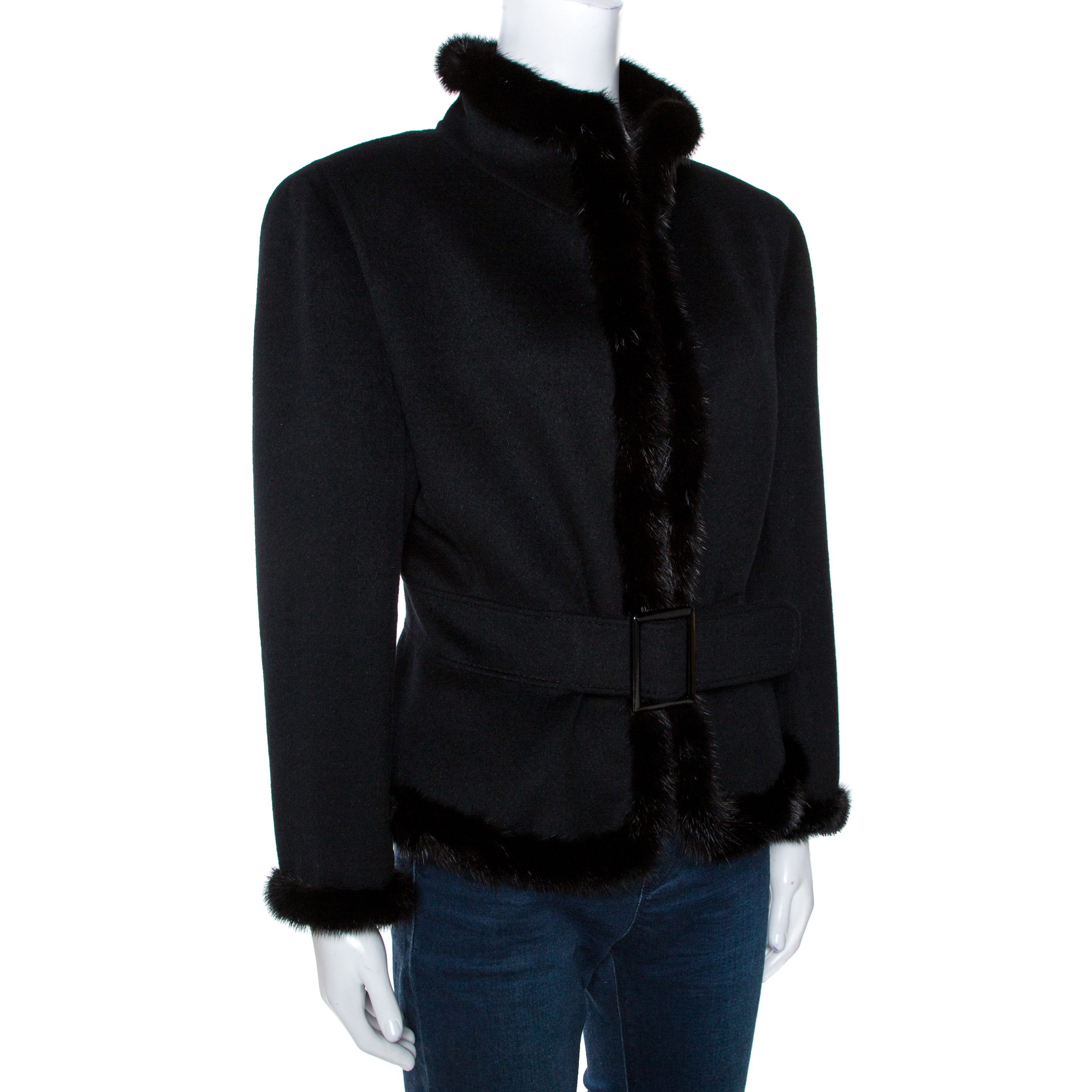 

Valentino Black Felt Wool Fur Trim Belted Jacket