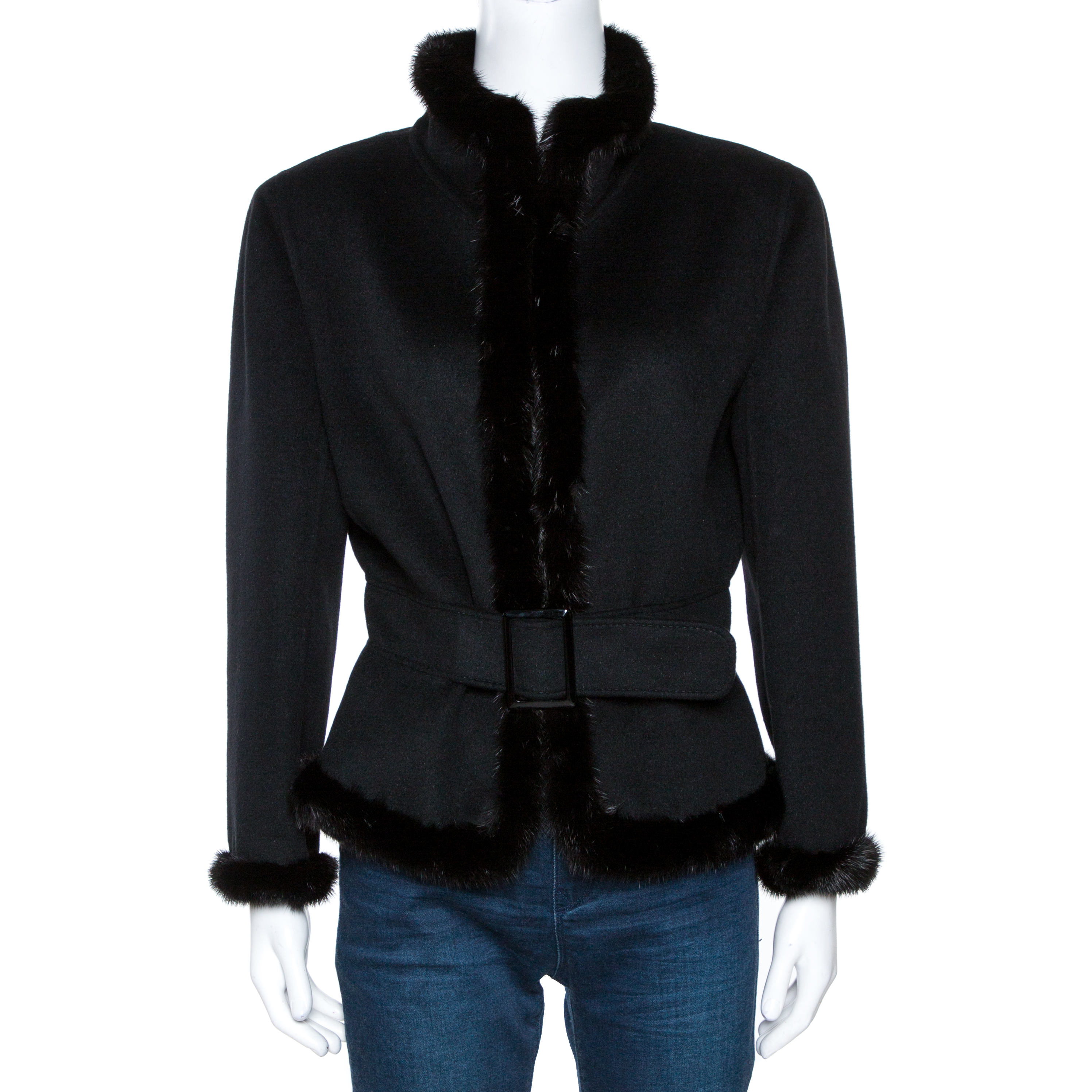 Pre-owned Valentino Black Felt Wool Fur Trim Belted Jacket Xl