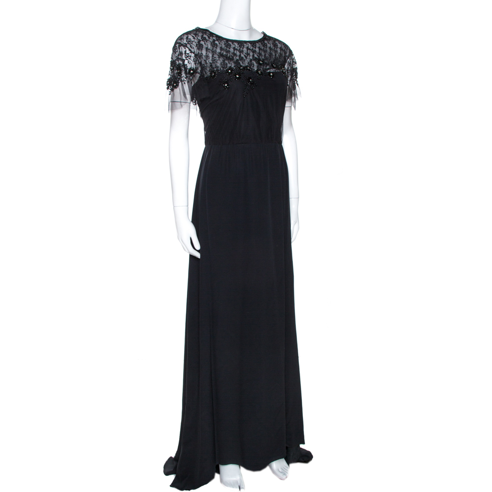 

Valentino Black Silk Embellished Lace Trim Maxi Dress