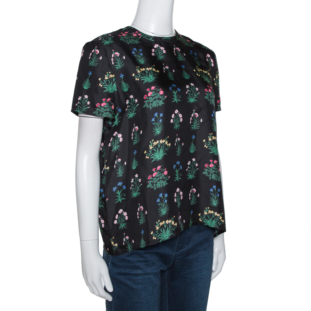 

Valentino Black Floral Print Silk Short Sleeve Top