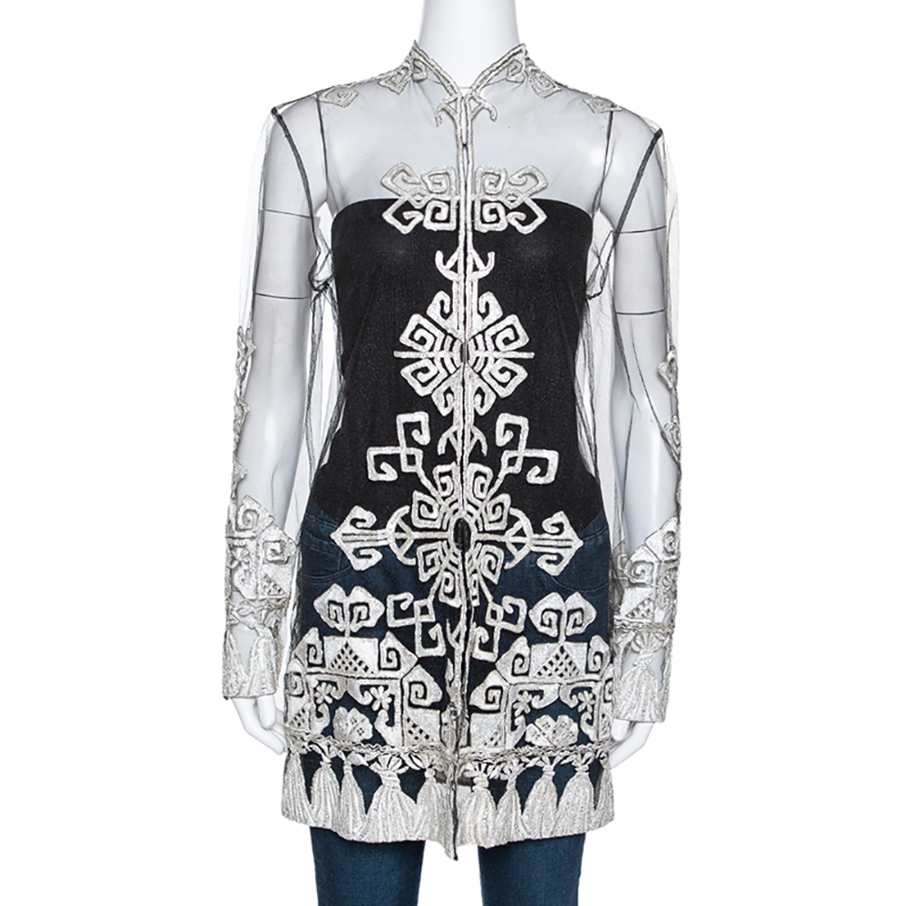 Pre Owned Valentino Boutique Black Mesh Embroidered & Embellished Sheer Top M