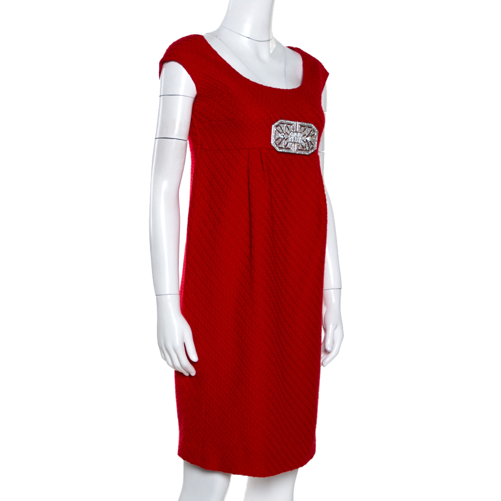 

Valentino Red Textured Wool Bejewelled Sheath Dress