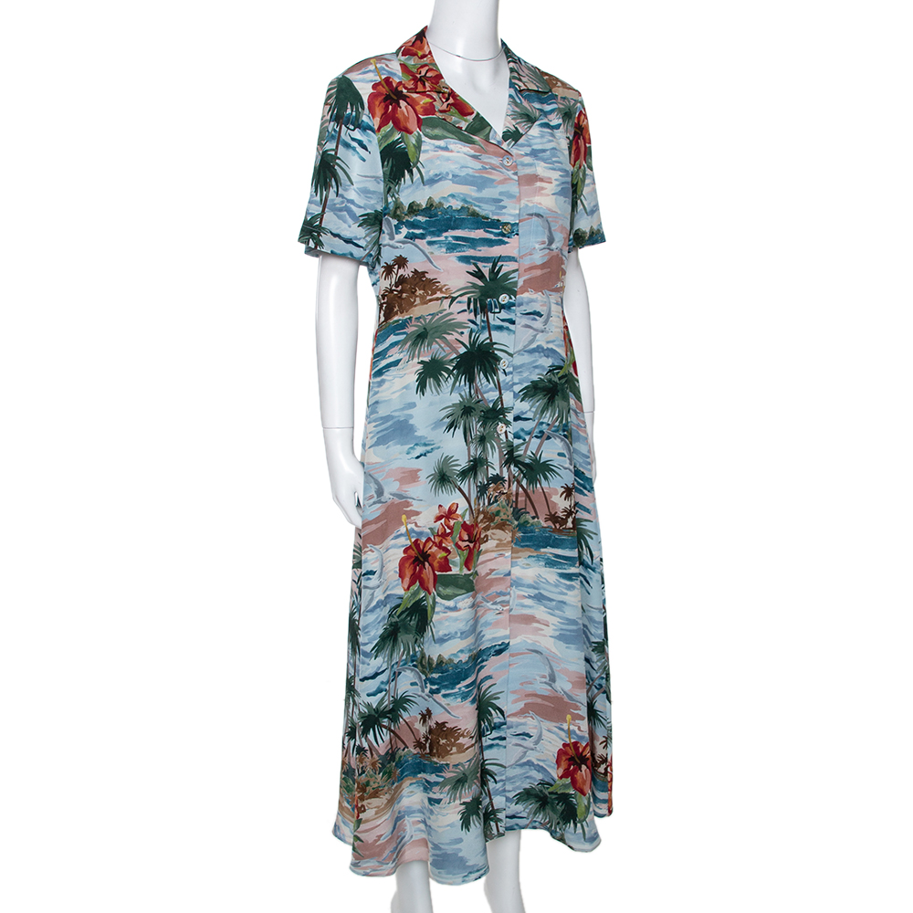 

Valentino Pale Blue Hawaiian Landscape Print Silk Shirt Dress