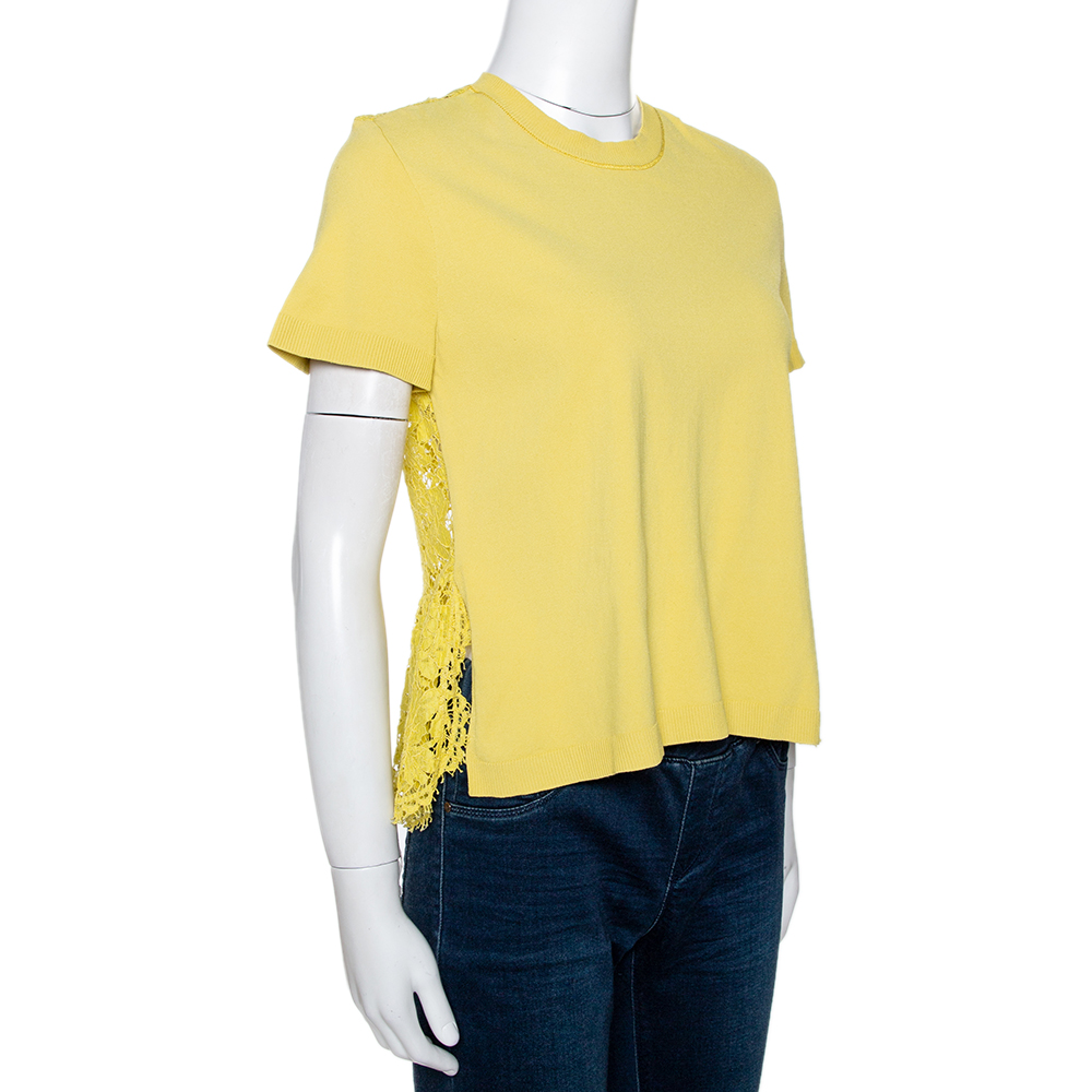 

Valentino Yellow Knit & Lace Short Sleeve Top
