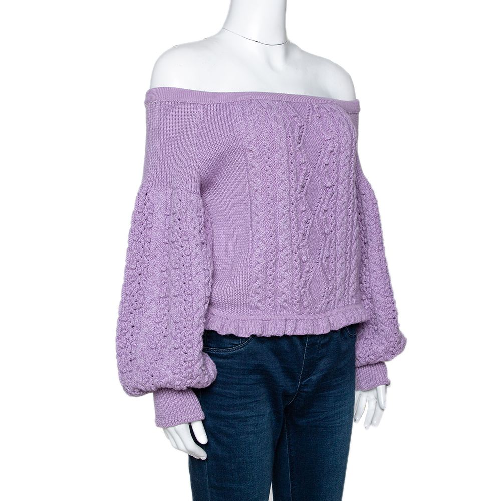 

Valentino Lilac Wool Aran Knit Off Shoulder Sweater, Purple