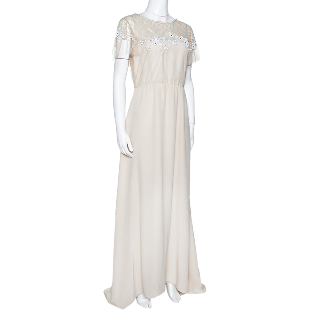 

Valentino Beige Silk Floral Beaded Lace Yoke Gown
