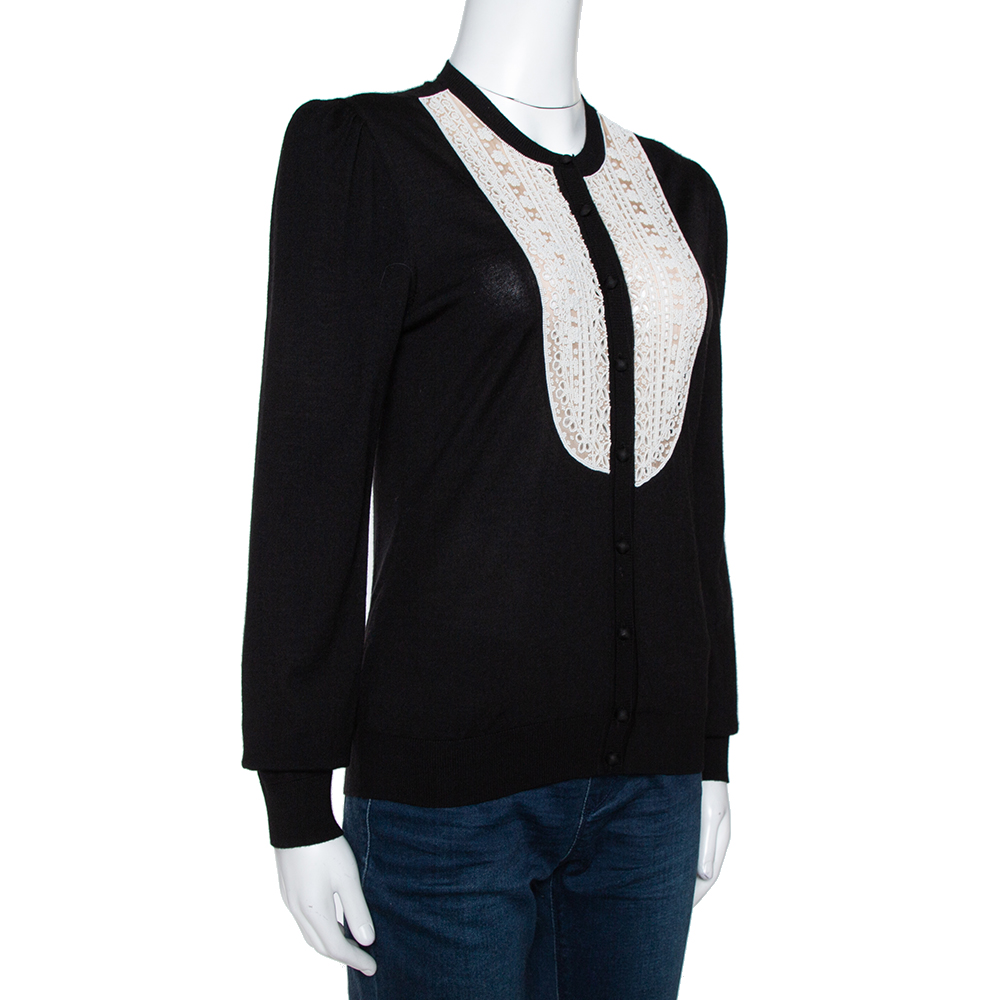 

Valentino Black Silk Wool Blend Embellished Yoke Cardigan