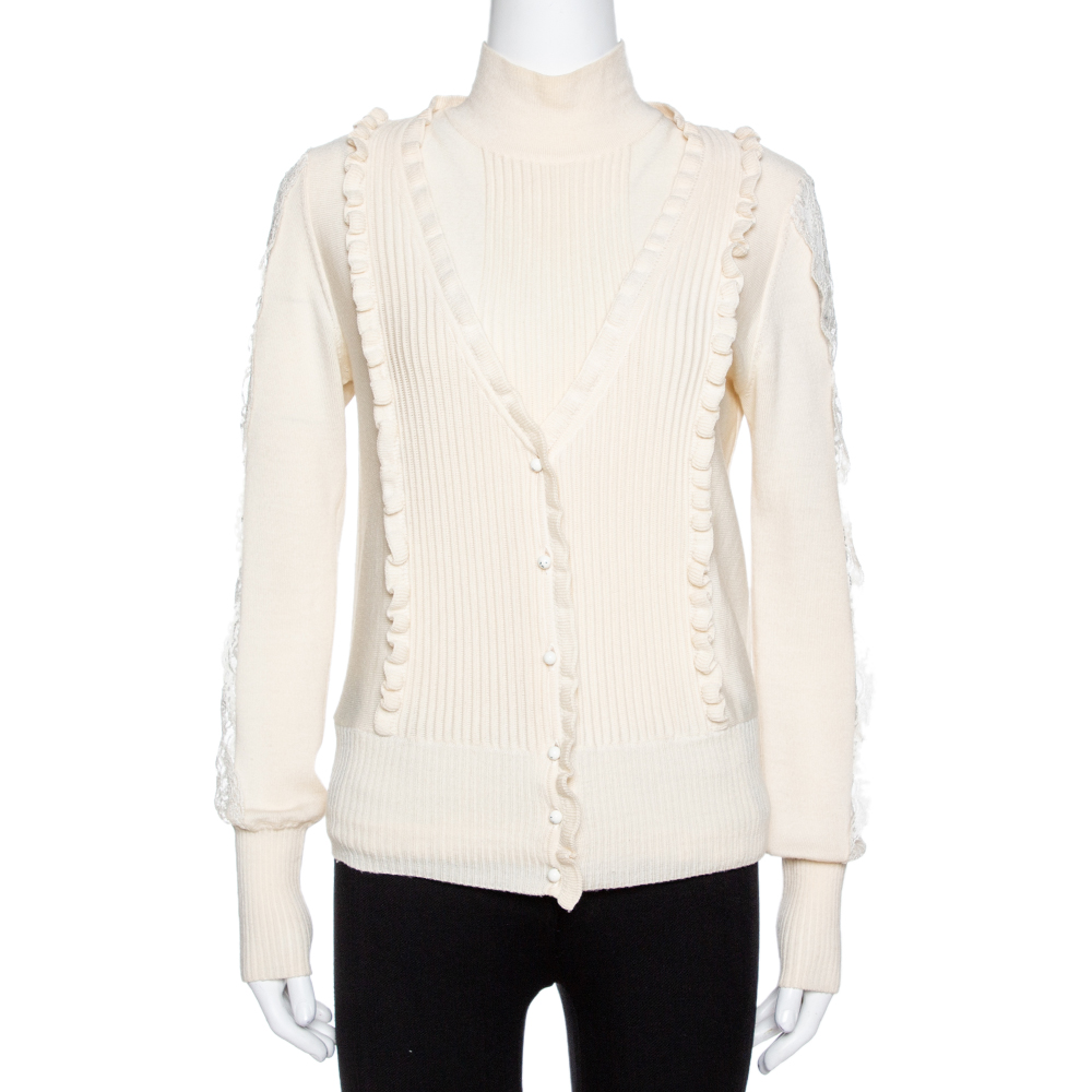 

Valentino Cream Wool Knit Lace Trim Sweater & Cardigan Set
