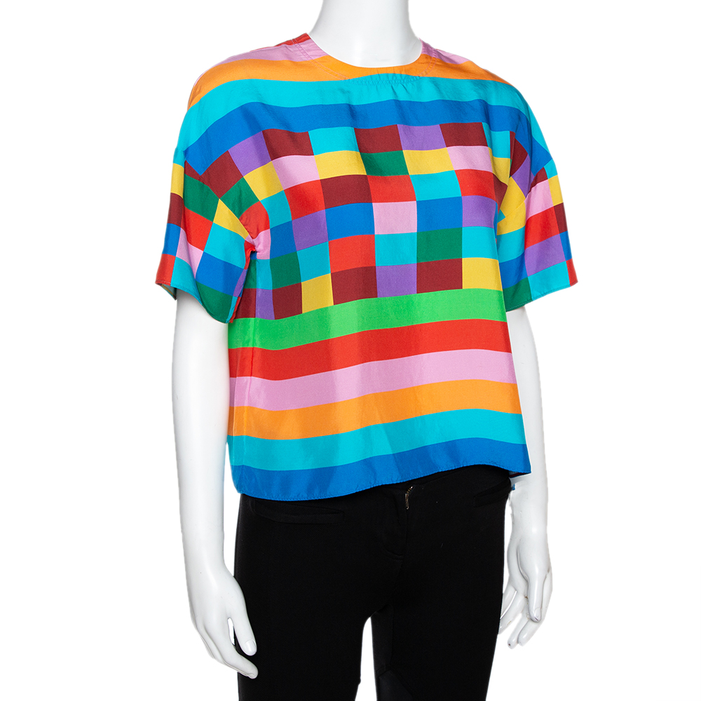 

Valentino Multicolor Stripe & Check Print Silk Boxy Top