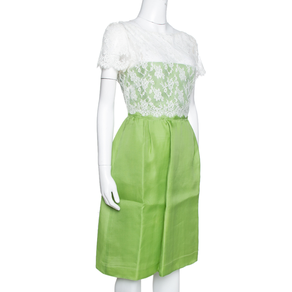 

Valentino Lime Green Silk Contrast Lace Detail Sheath Dress