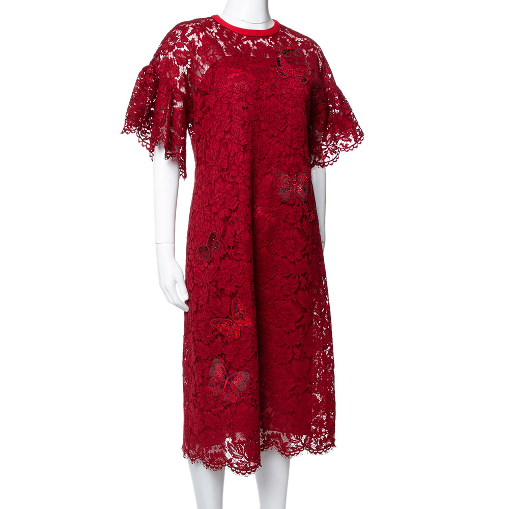 

Valentino Red Lace Butterfly Appliqued Sheath Dress