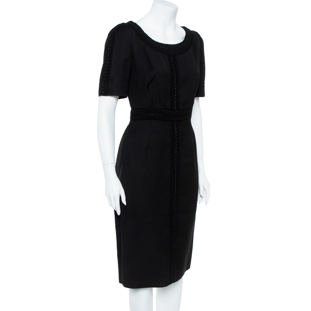 

Valentino Black Silk Wool Tonal Lace Trim Sheath Dress