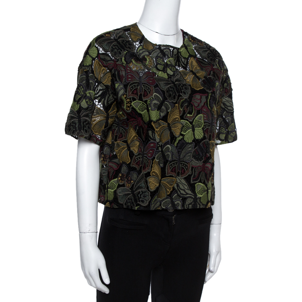 

Valentino Green Butterfly Patterned Cotton Lace Cropped Top