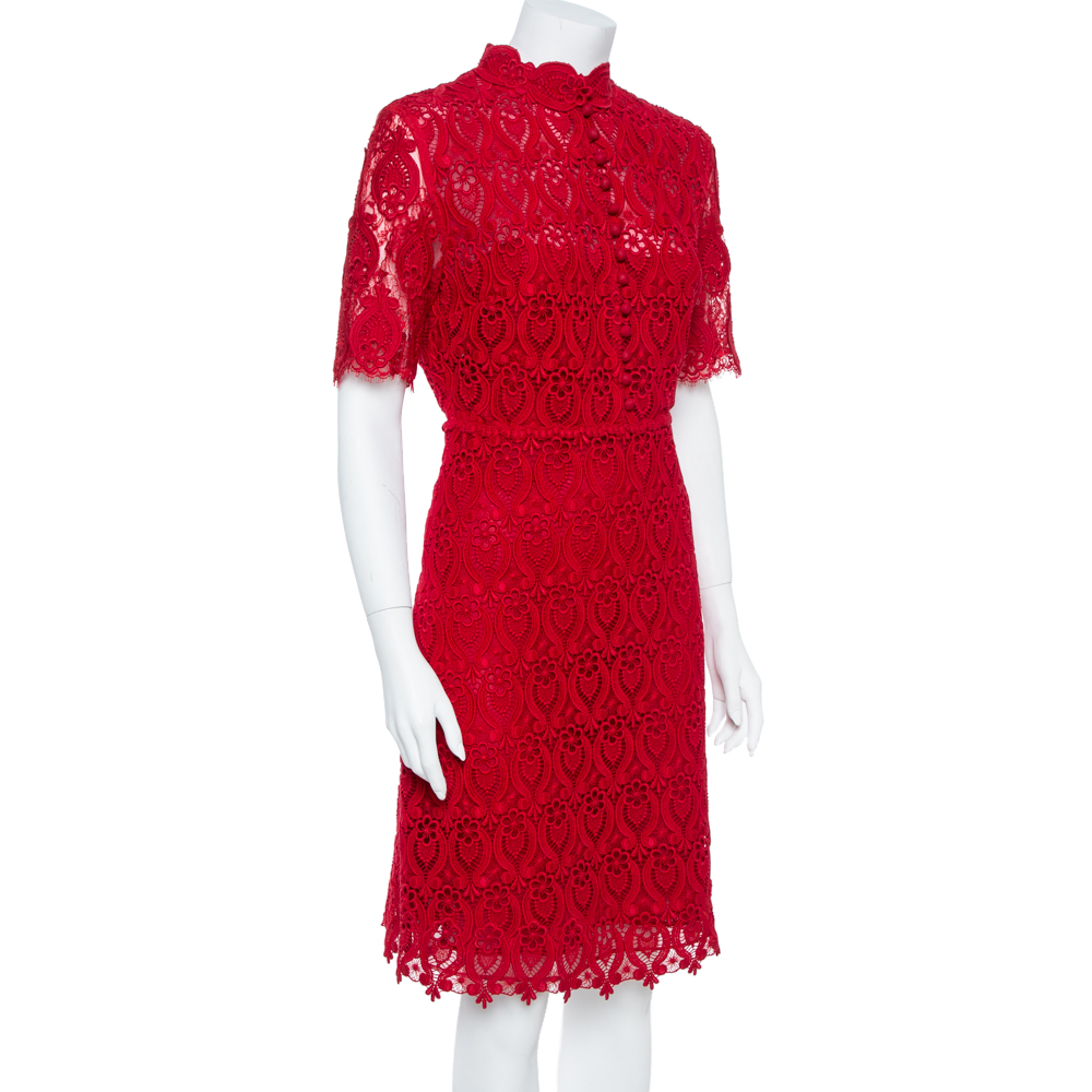 

Valentino Red Lace Button Front Sheath Dress