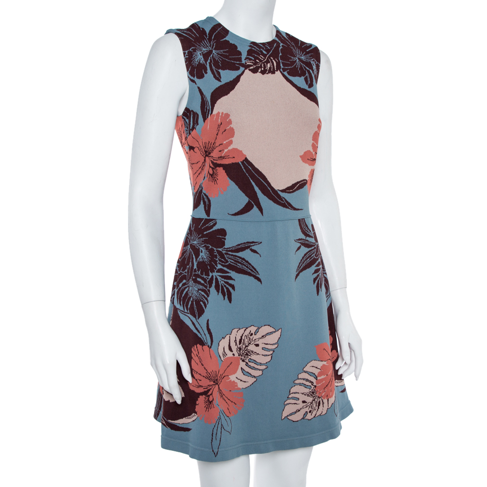 

Valentino Slate Blue Floral Jacquard Sleeveless Dress