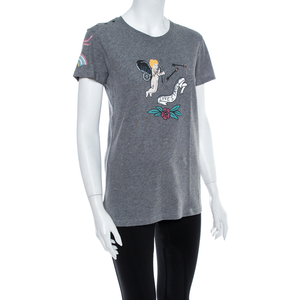 

Valentino Grey Tattoo Printed Cotton Crewneck T Shirt