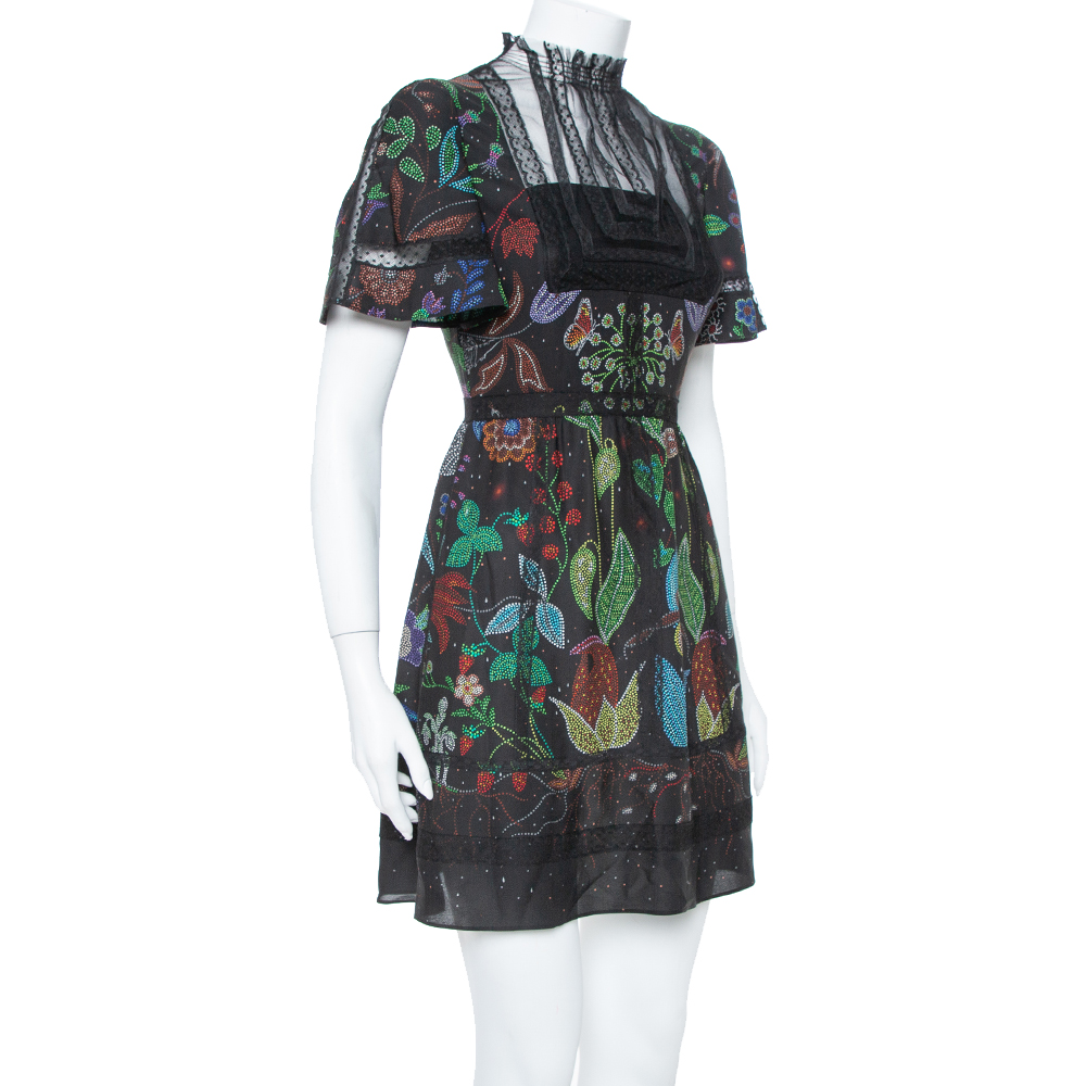 

Valentino Black Watersong Printed Silk & Lace Trim Short Dress