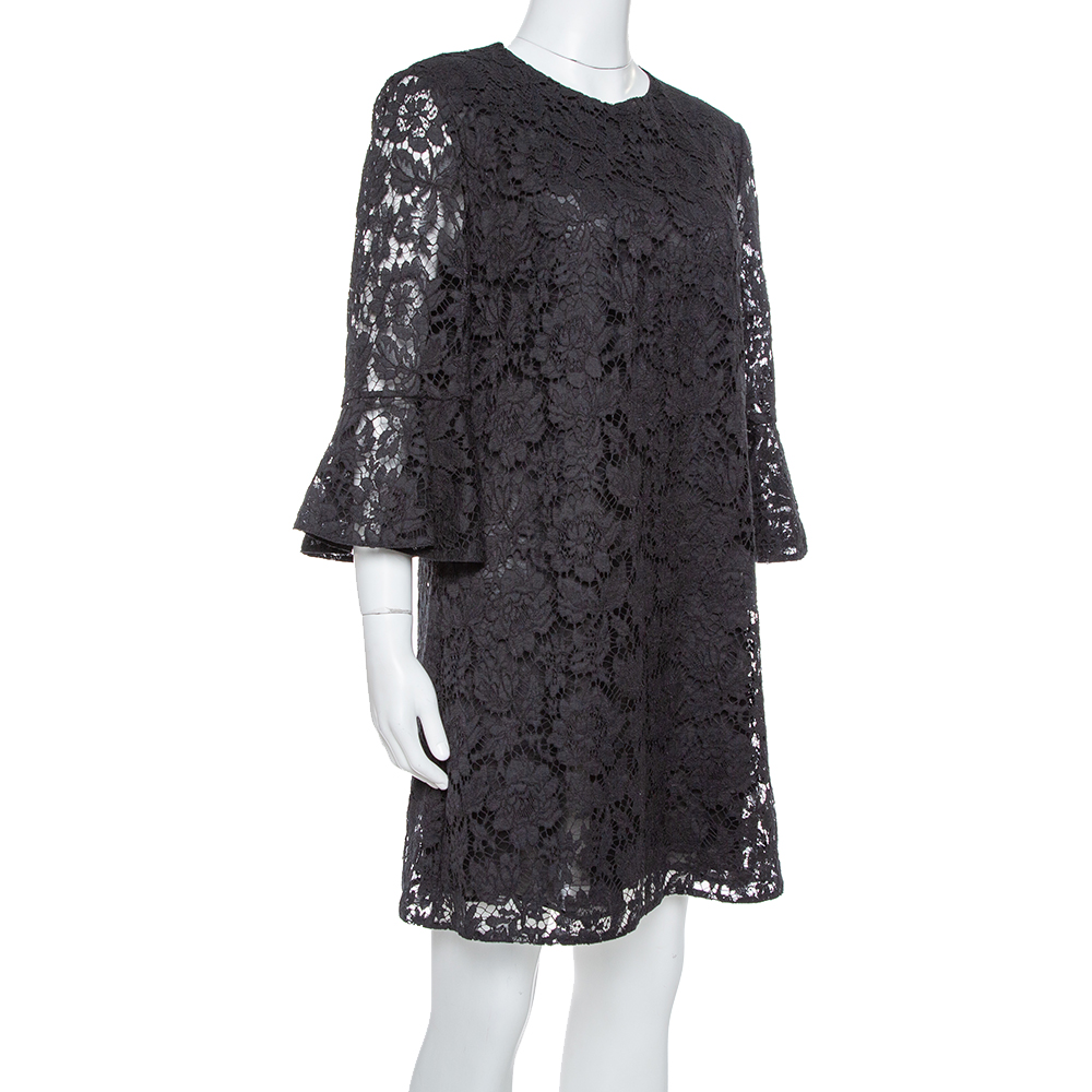 

Valentino Black Cotton Lace Bell Sleeve Detail Shift Dress