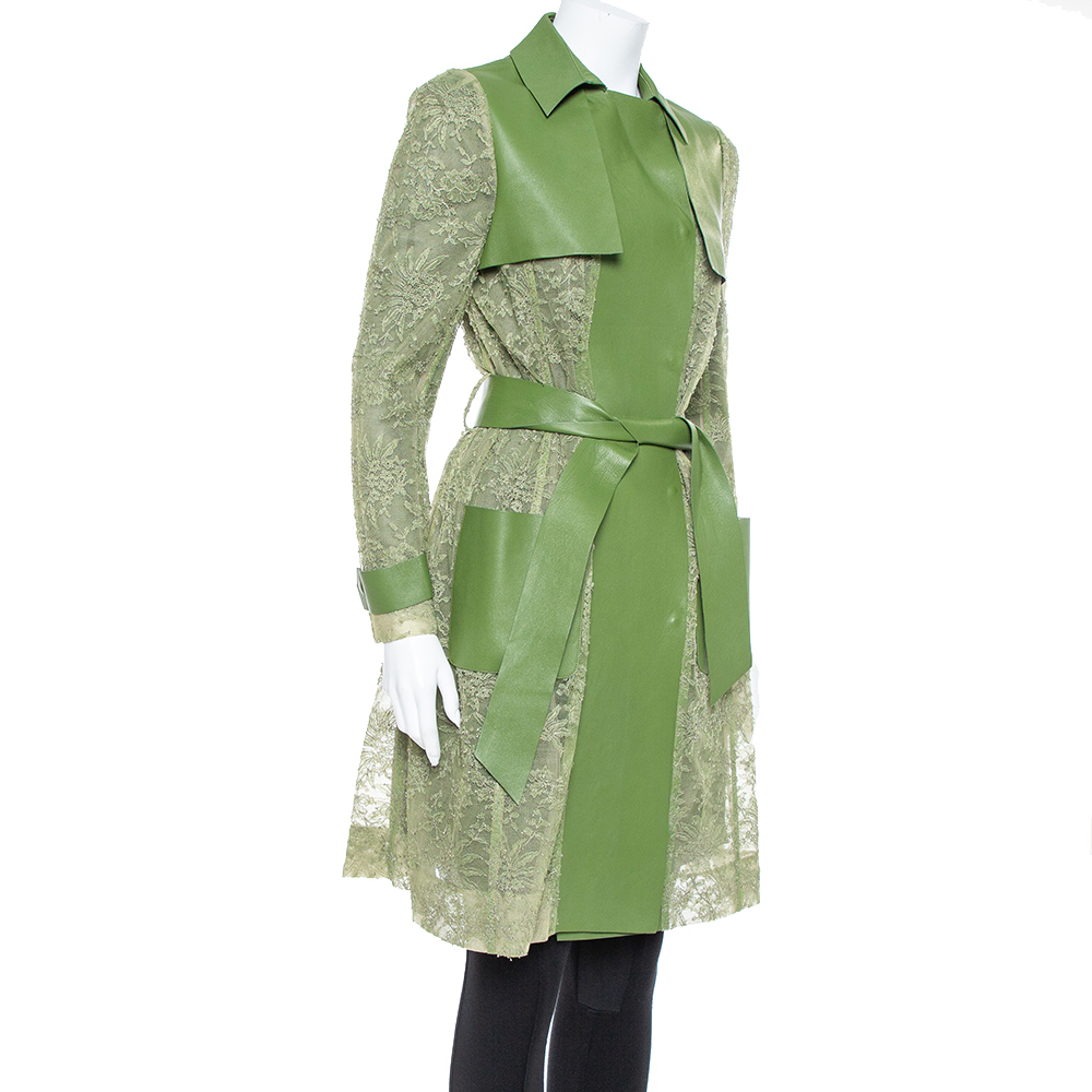 

Valentino Green Leather & Lace Belted Trench Coat